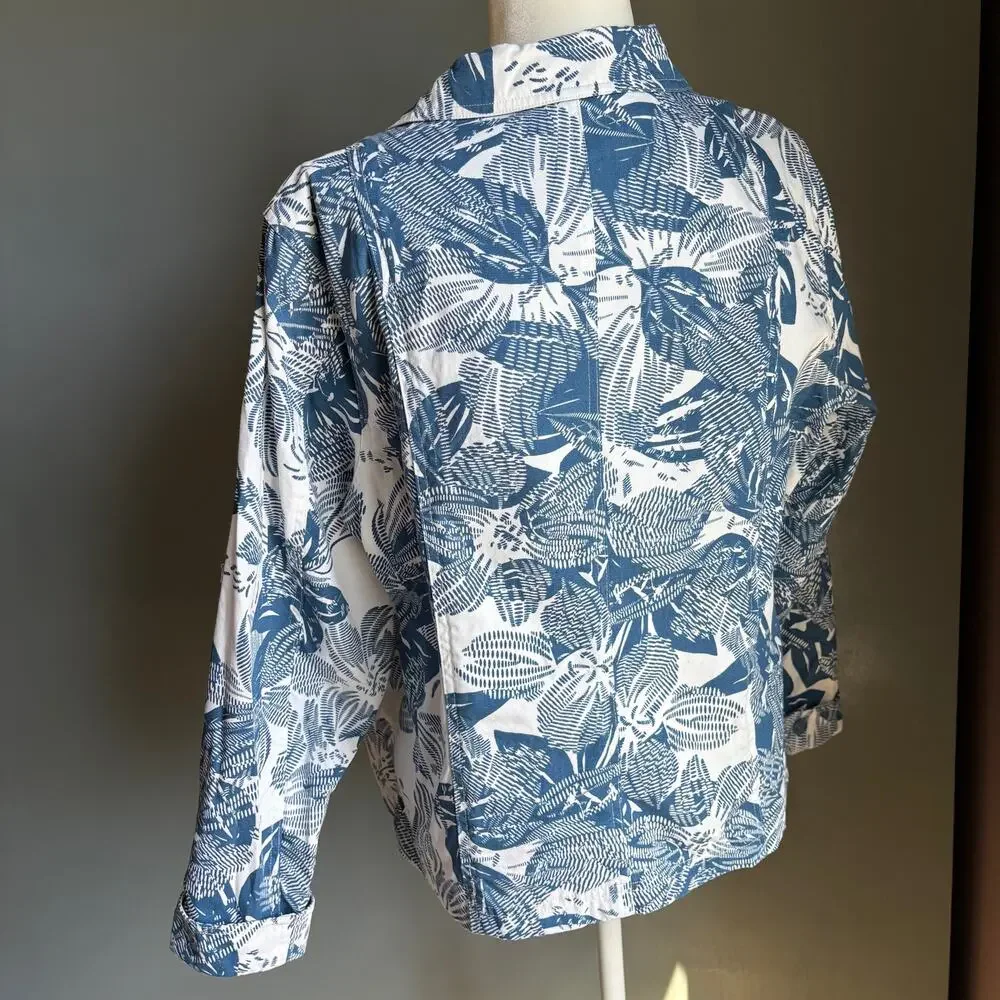COLDWATER CREEK Women's XL Petit Blue White Floral Notch Lapel Cotton Blazer - Picture 6 of 11